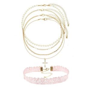 No Boundaries Women’s Goldtone Choker Necklace Set, Cross, Pink, 5-Piece